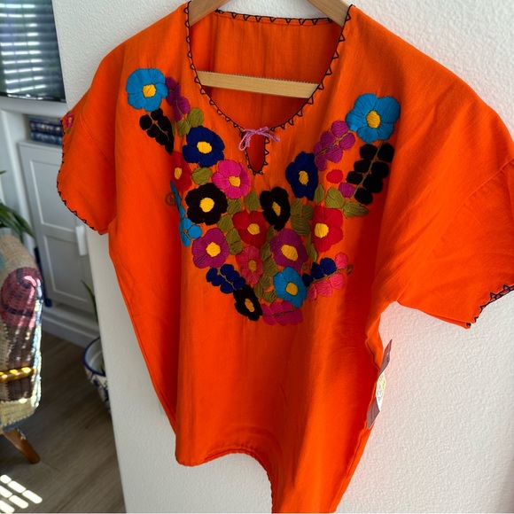 Embroidered Mexican Orange Blouse Top Embroidery 70’s Vibe Flower Power Small - Picture 5 of 7